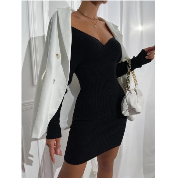 Black Off Shoulder V-Neck Rib Knit Sweater Mini Short Dress Long Sleeve - Picture 5 of 9